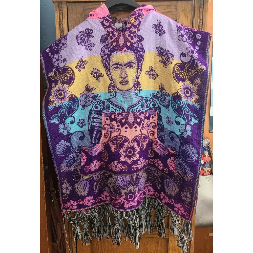 Frida Kahlo Woven Hooded Poncho Purple Teal Pink Floral Mexico Fringe Stripes